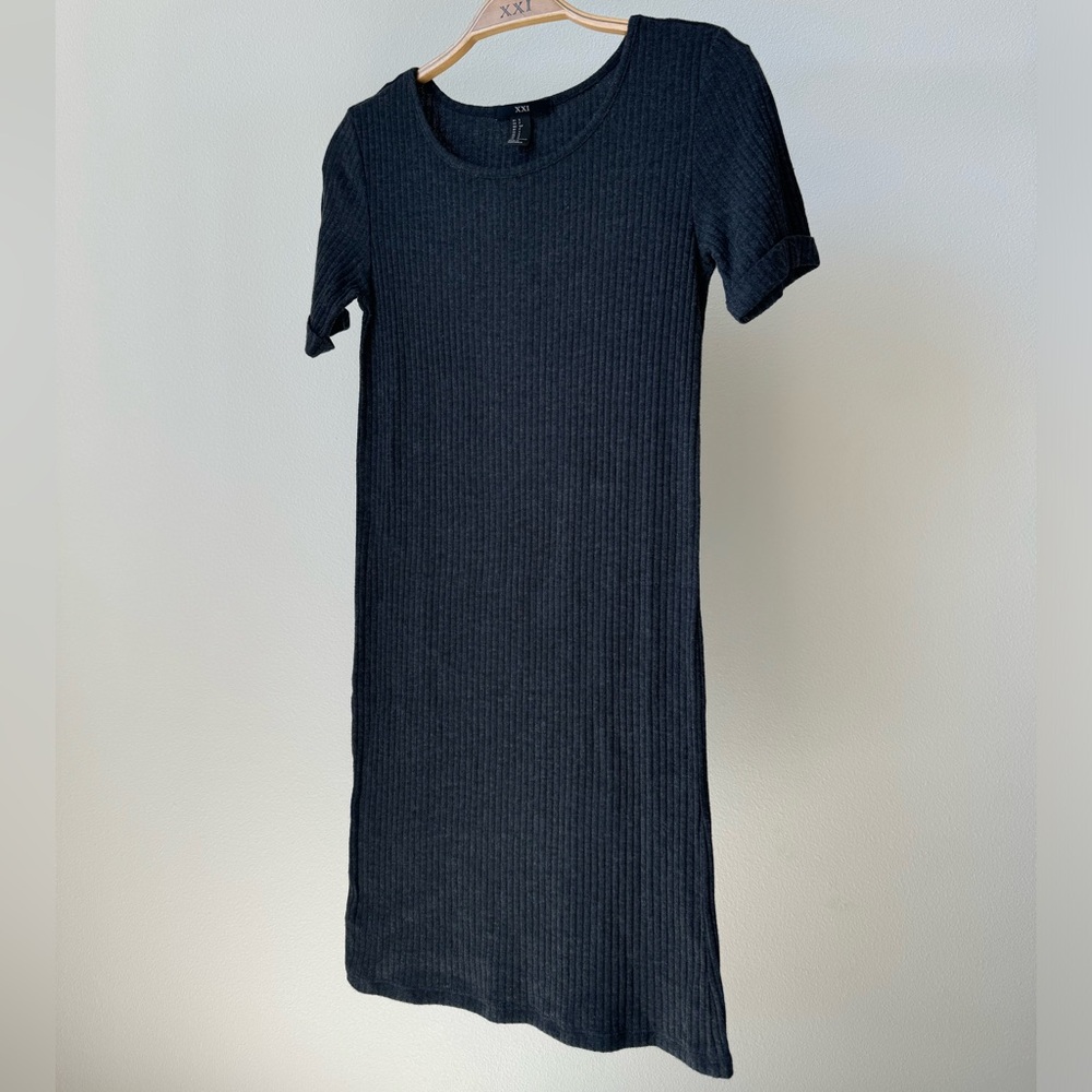 Black Ribbed Short Sleeve Dress